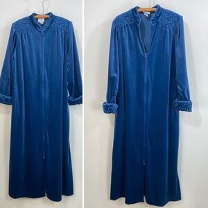 Blue Plush Velour Vintage Robe Housecoat POCKETS Zip Embroidered Medium Small